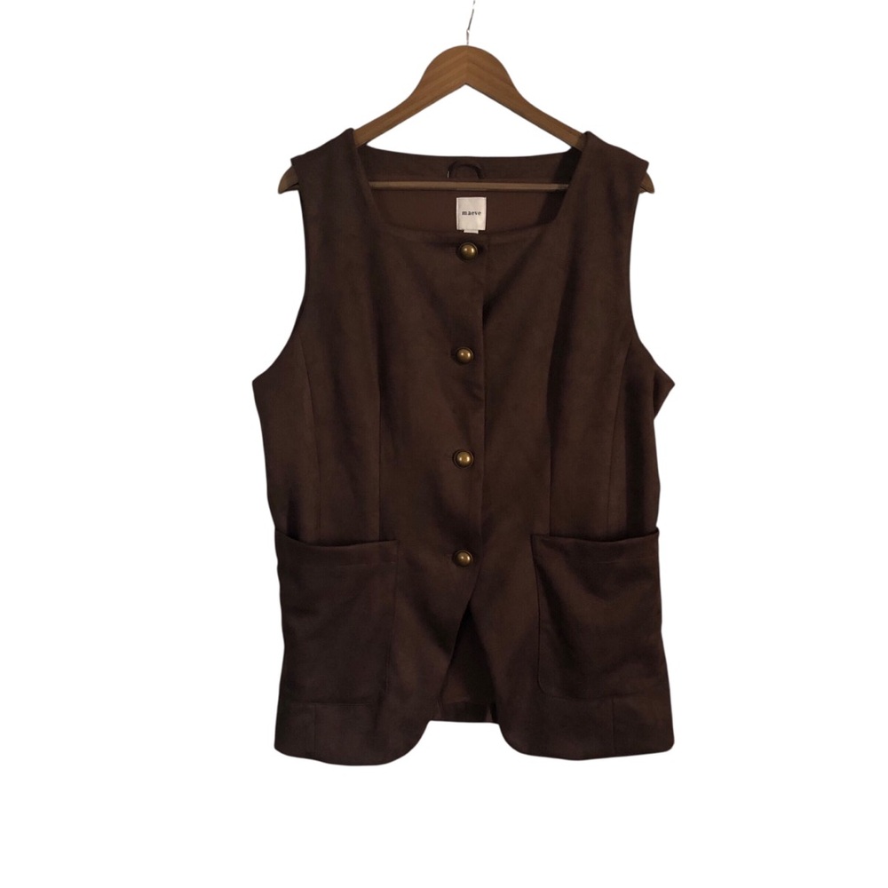 MAEVE Chocolate Brown Faux Suede Cutaway Vest in Brown with Matte Gold Buttons